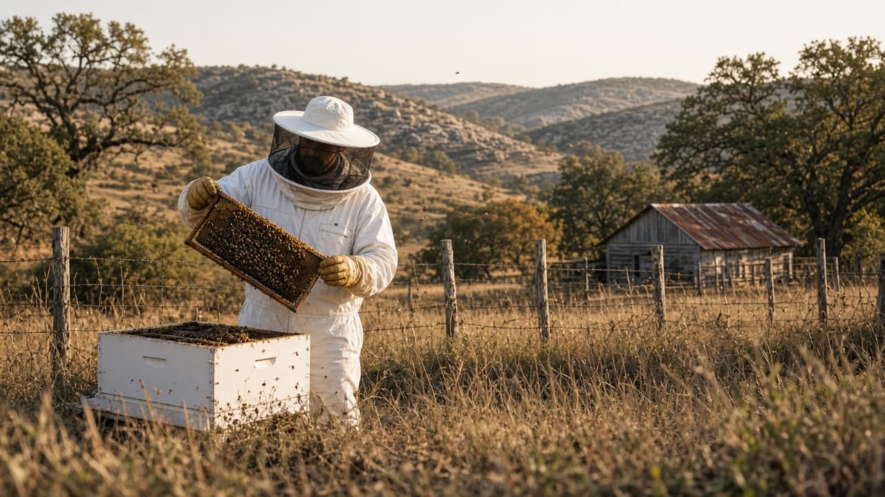 Beekeeper in a veiled hat and white suit lifting a honeycomb frame from a hive in the Texas Hill Country.