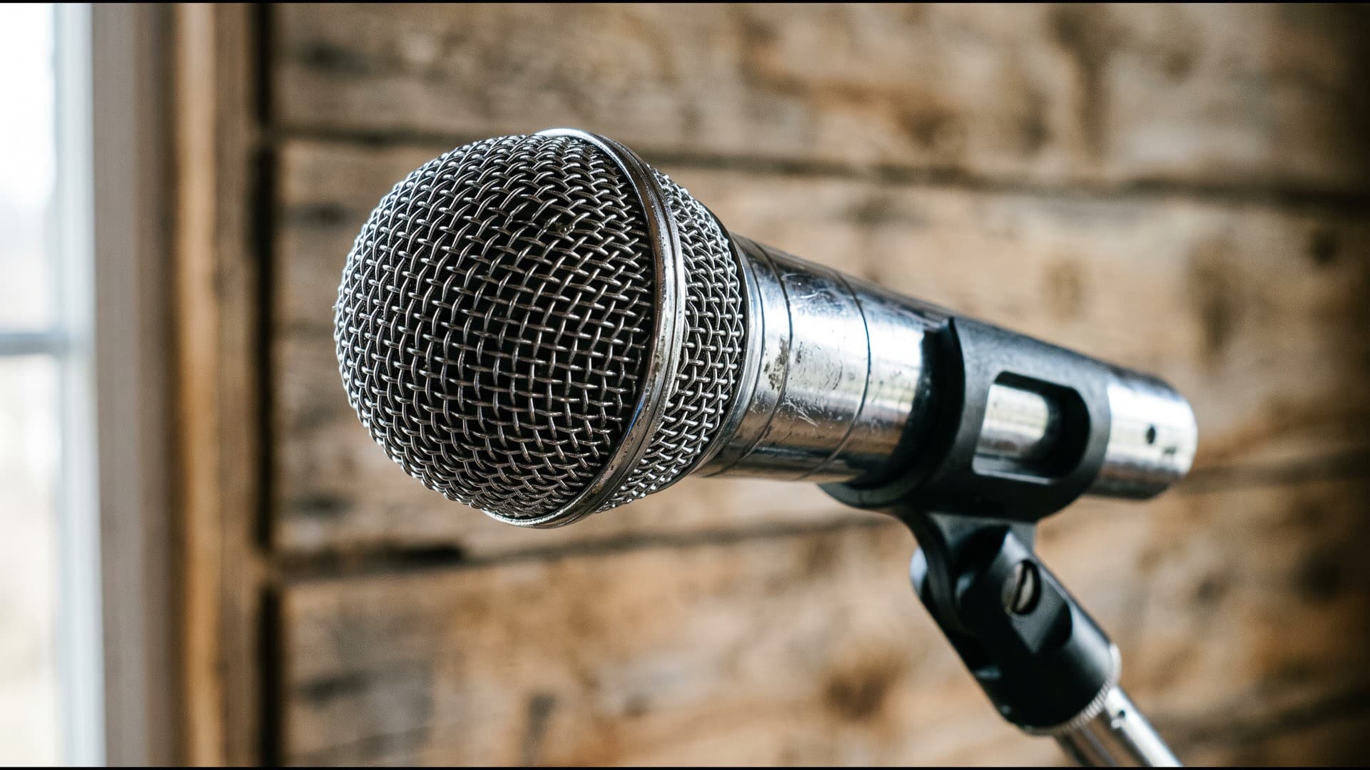 AI-generated image of a close-up of a vintage chrome microphone with a woven mesh grille on a black stand clip, in soft daylight against a blurred weathered wood wall.