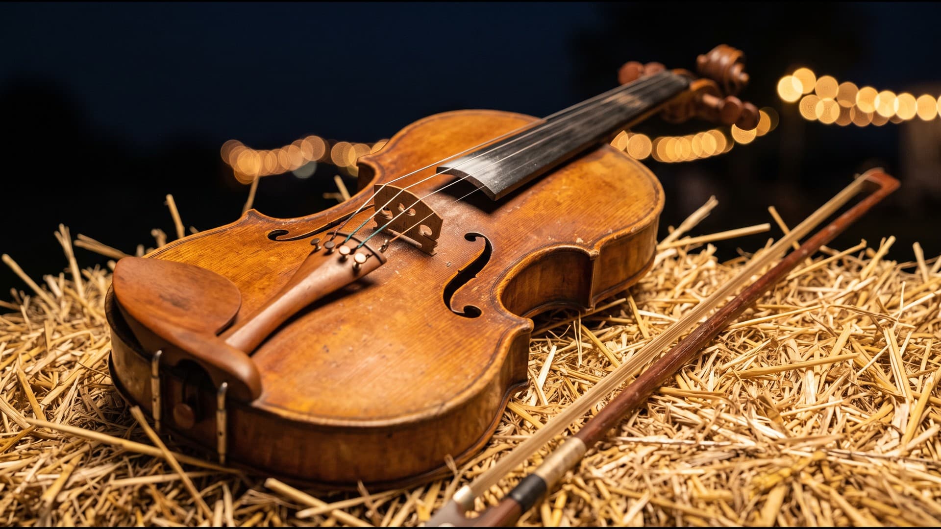 AI-generated illustration of a worn wooden fiddle and bow resting on straw at night, with blurred warm string lights in the background.